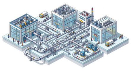 Isometric Industrial Manufacturing Plant Complex.