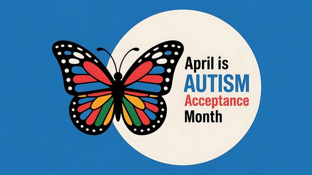 April is autism acceptance month colorful butterfly and pale circle on blue background national awareness and support concept