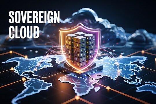 Digital shield protects global server farm, representing sovereign cloud technology and secure data infrastructure for international networks and future computing security.