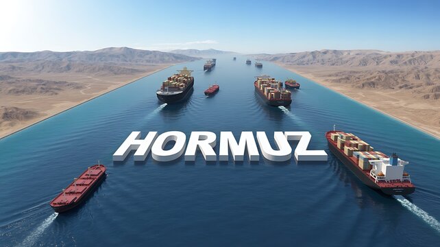 Large white letters spell hormuz across blue waterway with container ships and cargo vessels sailing channel between arid desert mountains under bright sunlight