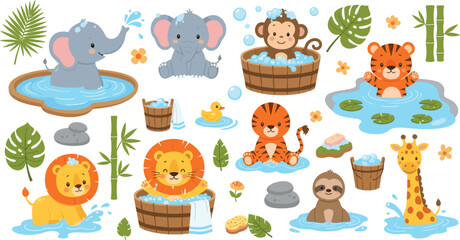 Cute jungle animals bathing and playing in water vector set featuring elephant lion tiger monkey giraffe sloth with bamboo leaves bubbles and tropical elements © Sujon Shah