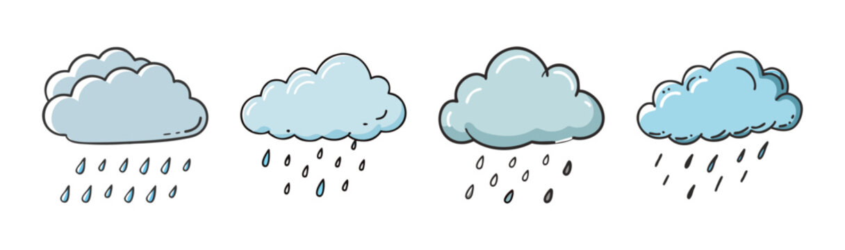 Hand drawn rain cloud icons depicting weather and precipitation for forecasts