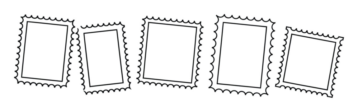 A row of five blank, outlined postage stamps with perforated edges, angled and spaced apart