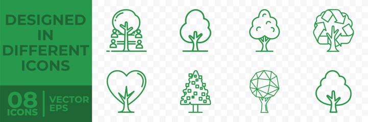 Fototapeta premium A set of eight unique tree icons designed in a flat vector style, showcasing various shapes and designs for use in graphic projects.