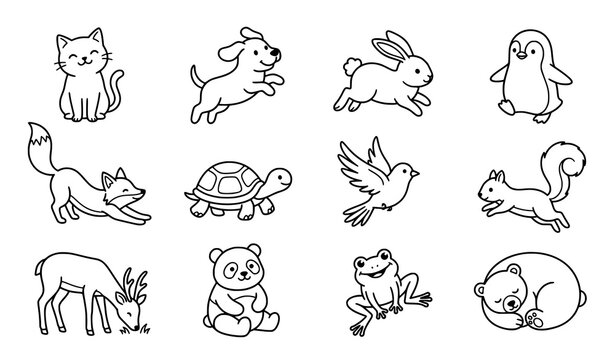 Cute Black and White Line Art Animals Vector Set for Kids Illustrations