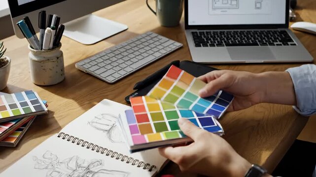 Creative designer workspace with graphic tablet laptop color palettes and sketches on wooden desk concept of digital illustration design process and artistic work