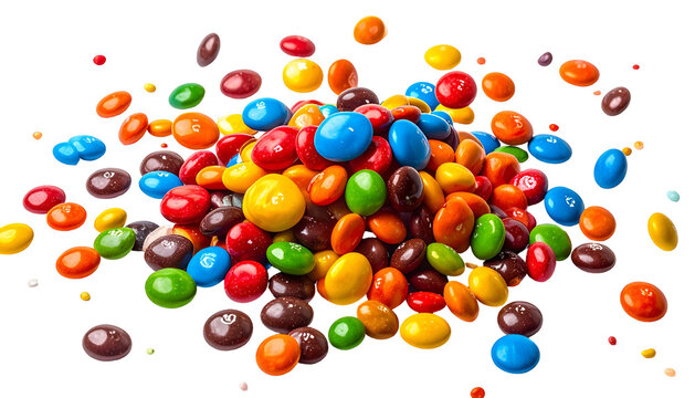 Colorful pile of hard-shelled candies scattered on a solid black background