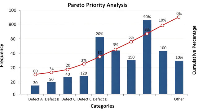 Pareto Chart Analysis of Defects and Their Frequencies and Cumulative Percentages