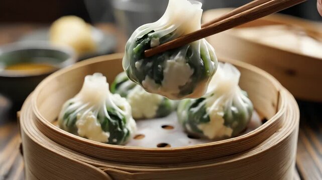 Steamed dumplings in bamboo basket food photography for culinary content