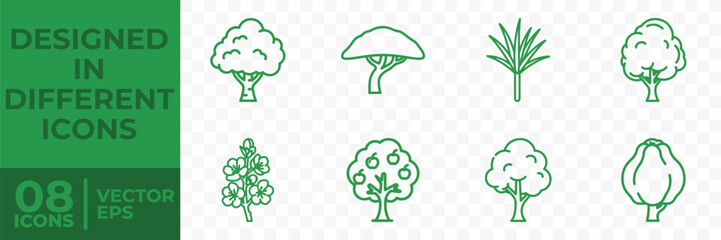 Fototapeta premium A collection of 8 flat vector illustration tree icons in EPS format, designed in different styles and shapes.