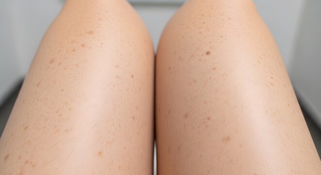 Close up of human legs with numerous small moles and freckles. Skin texture detail showing natural pigmentation and nevus. Concept for dermatology and ski