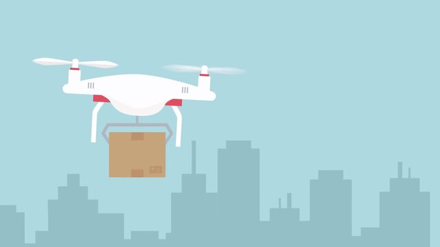 Drone delivery service over city skyline package