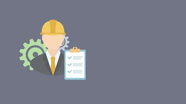 Engineer with checklist and gears on grey background