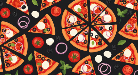 Delicious Italian Pizza Slices with Mozzarella, Olives, Tomatoes, and Onions on a Dark Background Vector Illustration