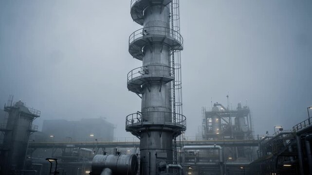 Medium shot of a tall continuous distillation column outside on a foggy morning platforms slightly obscured by mist creating an industrial mystery.
