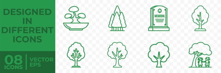 Fototapeta premium A flat vector graphic featuring 8 different tree icons in green lines on a transparent background, presented as a collection of various tree designs.
