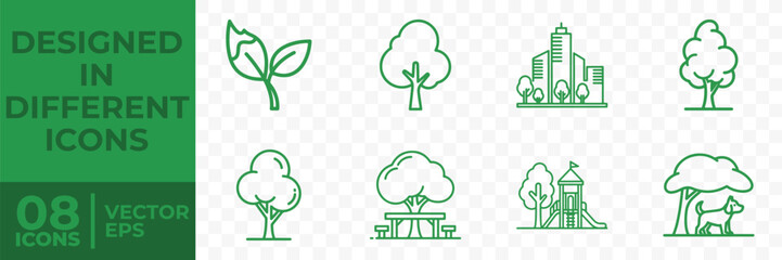 Fototapeta premium A set of 8 green flat vector icons depicting various tree and urban designs, ideal for graphic design projects.