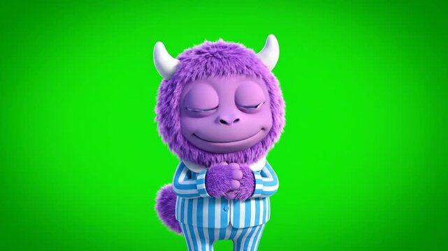 A purple cartoon monster with white horns and blue striped pajamas meditates against a green background.