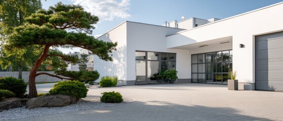 Fototapeta premium Modern house with garage roller shutter and sliding glass doors on a sunny day in an outdoor setting