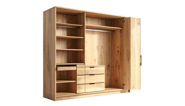 Light-wood wardrobe, open, revealing shelves, drawers, and hanging rod. Black background