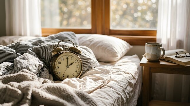 Alarm Clock Rings On Messy Bed In Bedroom, Signaling Wake Up Time And A Lazy Morning