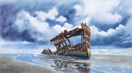 Naklejka premium Historic shipwreck watercolor illustration of Peter Iredale on Oregon’s dramatic coastline scene