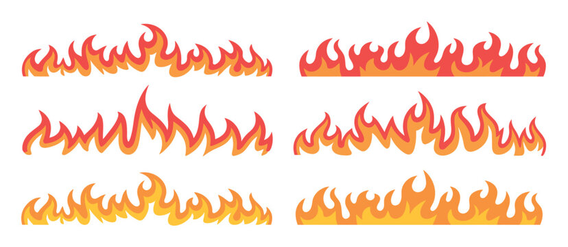 flame border collection, fire line elements, blazing orange burn edges, decorative banner flames, and fiery theme vector