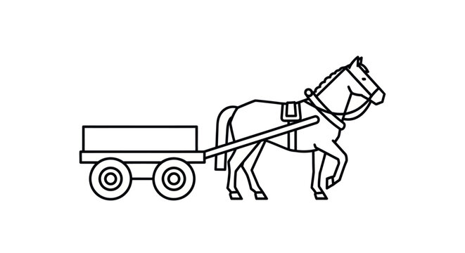 Horse Pulling Cart Simple Line Drawing.