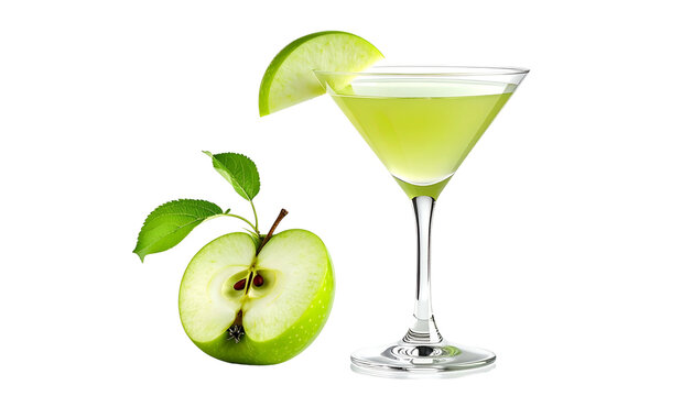 A green cocktail in a martini glass with apple garnish and cut apple on black background
