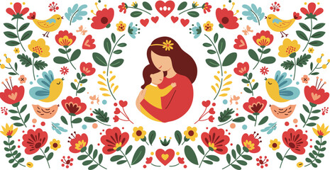 Mother cradling baby surrounded by vibrant floral pattern and chickens