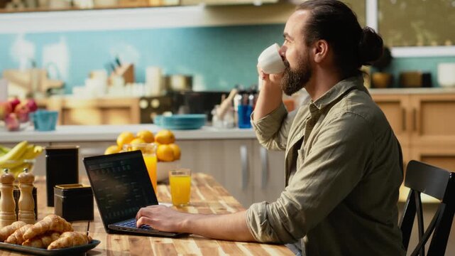 Man programmer, developing web code, software systems on laptop, debugging data with programming language on terminal window. UX processes and global network connectivity. Remote work.