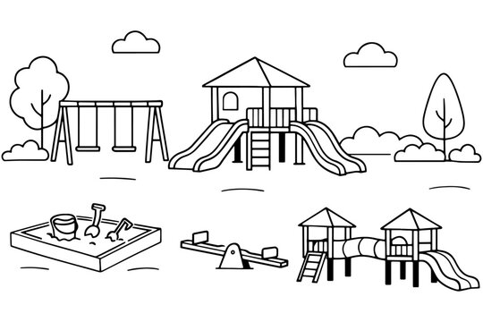 Children&rsquo;s Playground Black and White Line Drawing, Wooden Playhouse Slide Swings Sandbox Outdoor Fun Vector