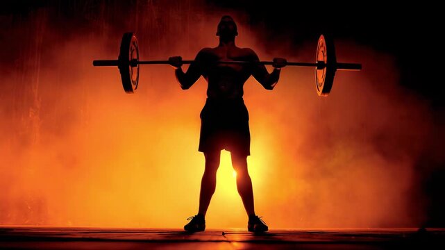 Powerful Athlete Performing Barbell Deadlift in Dramatic Orange Smoke Lighting Strength Training Concept