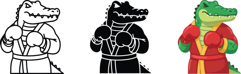 Fierce alligator mascot wearing boxing gloves and a martial arts gi stands ready for a fight in this versatile vector graphic set design © DesignVirtuoso