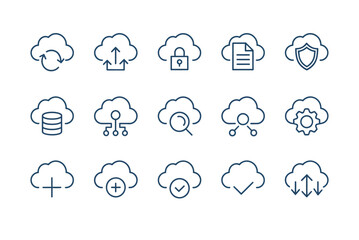 Fototapeta premium Comprehensive cloud computing and data management line icons for network security and online services.