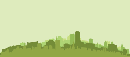 Green panoramic poster of the city skyline with solid background buildings on a hilly terrain of BUFFALO, UNITED STATES