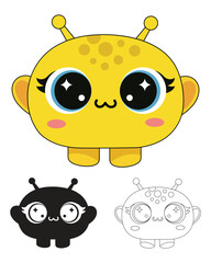 Obraz premium Cute Yellow Alien Character with Antenna and Big Eyes Vector in Colorful Silhouette Outline Style