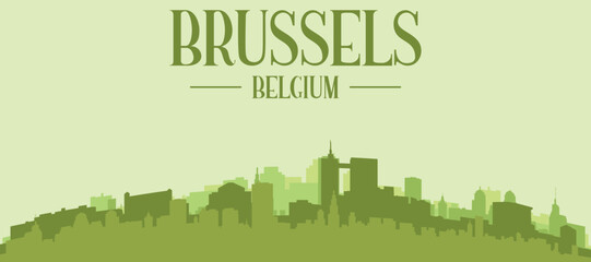 Fototapeta premium Green panoramic poster of the city skyline with solid background buildings on a hilly terrain of BRUSSELS, BELGIUM
