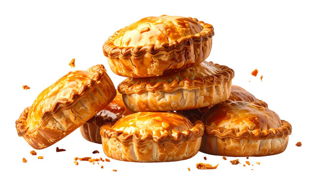 A pile of golden, savory pies with flaky crusts and some scattered crumbs