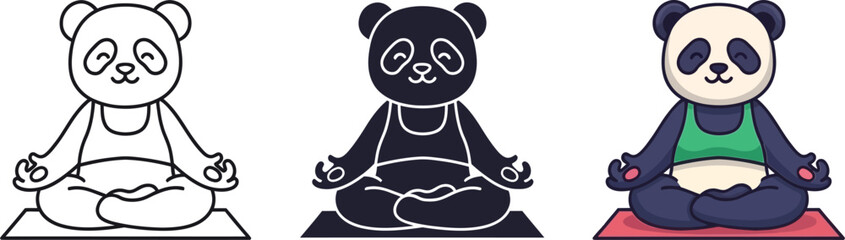 This charming vector graphic illustration features a delightful panda bear peacefully meditating in the classic lotus position on a yoga mat, perfectly conveying a serene sense of mindfulness, relaxat © DesignVirtuoso