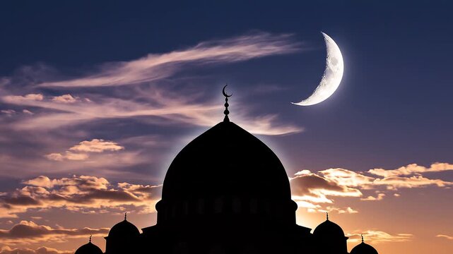 Silhouette of a mosque dome and minarets against a colorful dusk sky, with a crescent moon, evoking tranquility and spiritual reflection during evening prayers