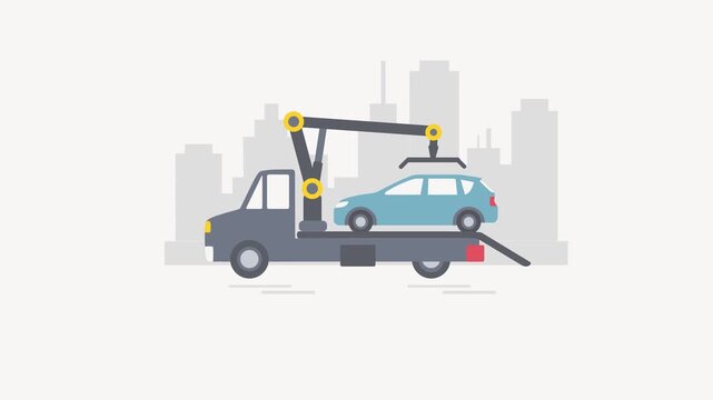 Tow truck loading a car with city skyline background