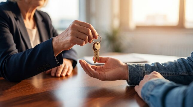 older caucasian woman handing house keys to younger person across wooden table. real estate transaction, property purchase and inheritance concept. copyspace, banner, website header.