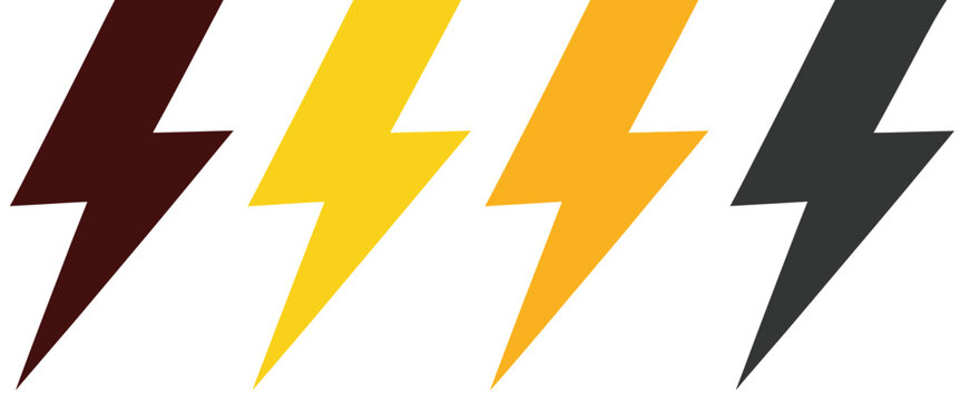 Flat style lightning bolt icon collection, red, yellow, and black energy symbols, electric power emblems, minimalist thunderbolt row, simple bold design for electricity and energy concept vector
