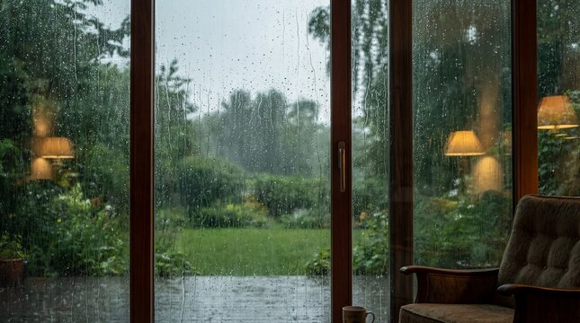 raindrops on large glass window looking out into lush green garden. heavy rain pouring outside. cozy home interior with warm lamp light and armchair. relaxation concept. banner, website header.