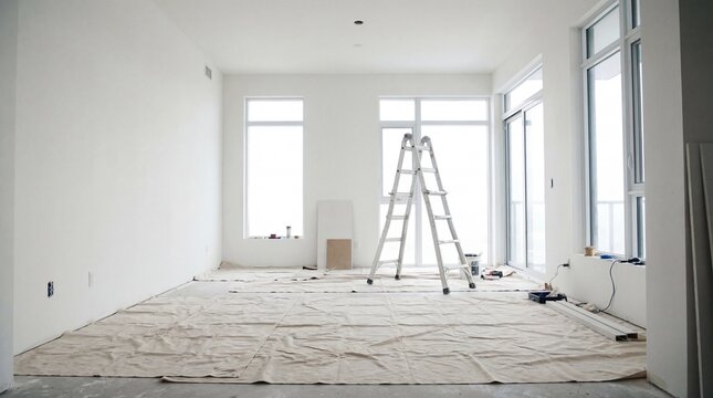 empty room under renovation with white walls, window and stepladder. drop cloth on floor with painting supplies. home remodeling and interior construction concept. copyspace, banner, website header.