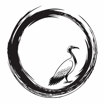 Black and white ibis bird standing inside zen enso circle brush stroke vector illustration for oriental design minimalist animal art for stationery