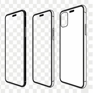 Three smartphone outlines with blank screens and cutouts for camera, showing different perspectives for app UI or website mockups.