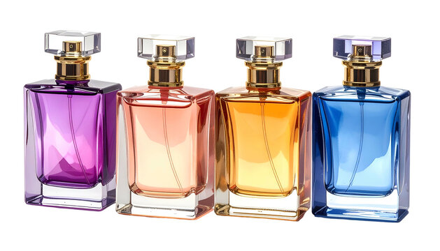 Four rectangular perfume bottles with varying colored liquids, gold accents, and clear caps