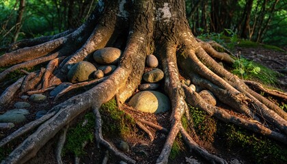 Obraz premium Intricate Tree Roots Intertwined with Smooth Stones in a Sunlit Forest Floor